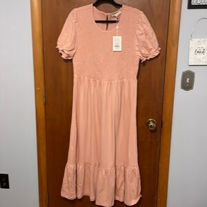 Down East Dusty Rose Midi Dress with Ruffle Short Sleeves